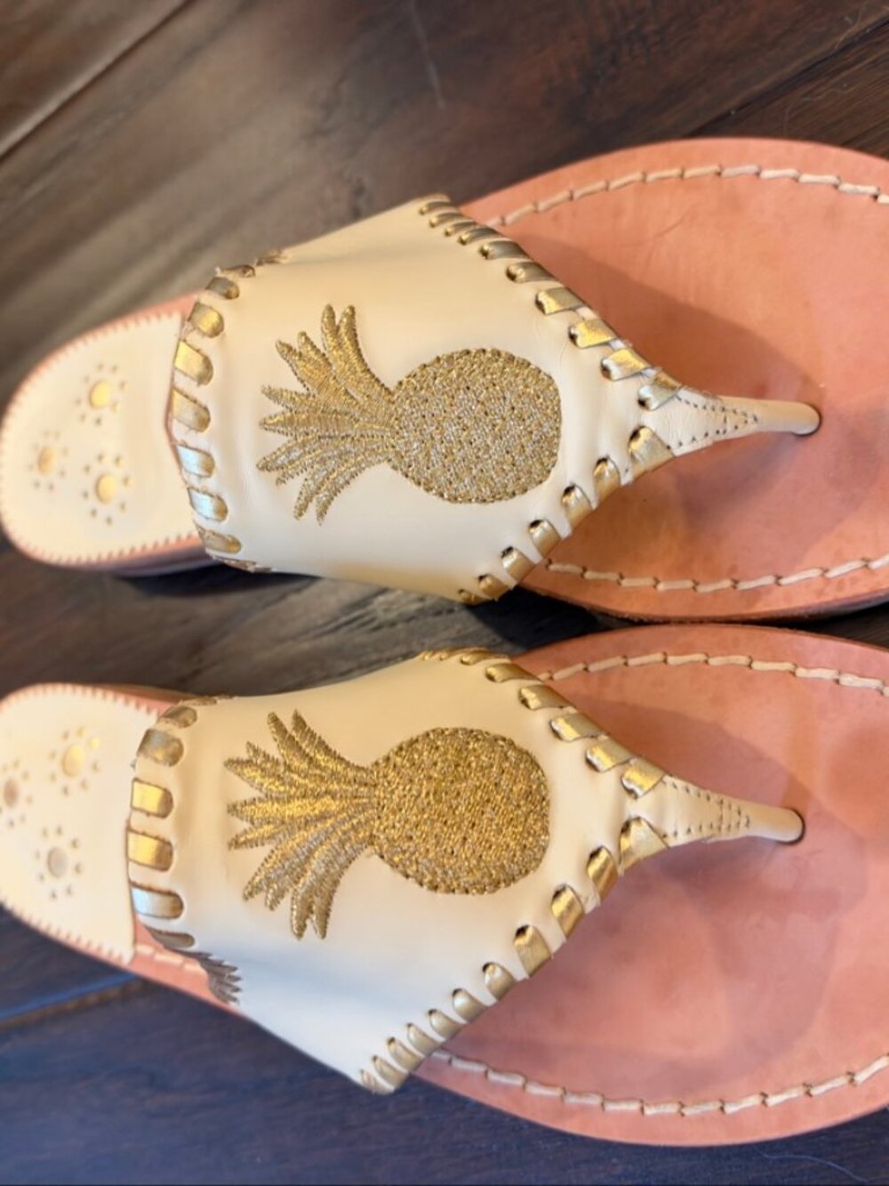 Jack Rogers Jacks Flat Sandals — White with Gold Pineapple, Size 8